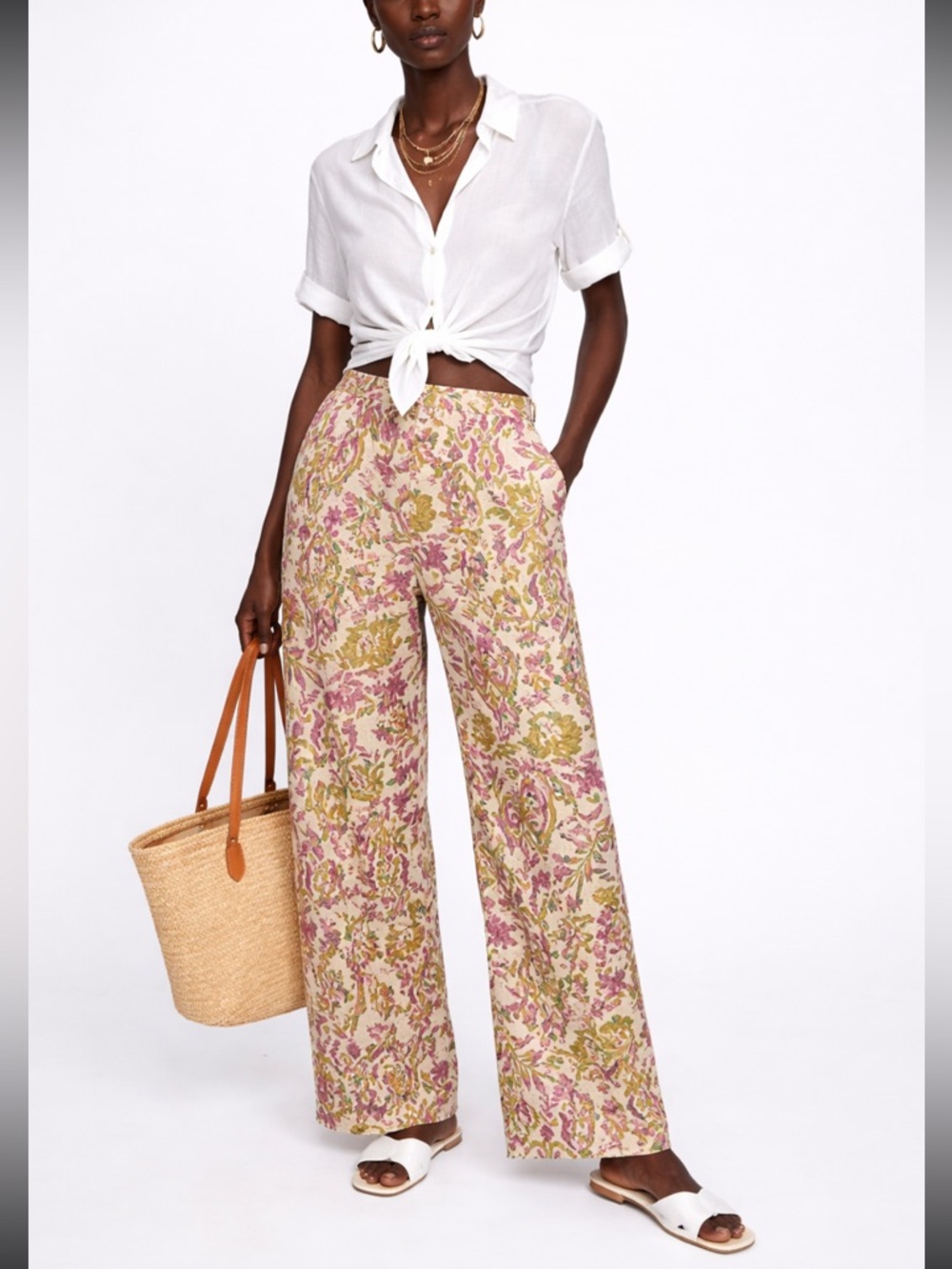 Zara limited edition Light weight cotton Floral Patterned metallic Trouser